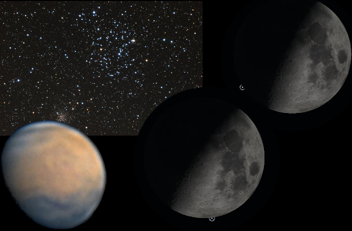 Az ikrekbeli Mars, csillaghalmaz, Hold és négy csillag estéje