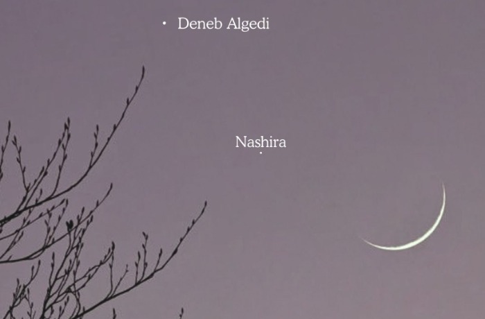 Extra vékony holdsarló fényes csillagok közelében