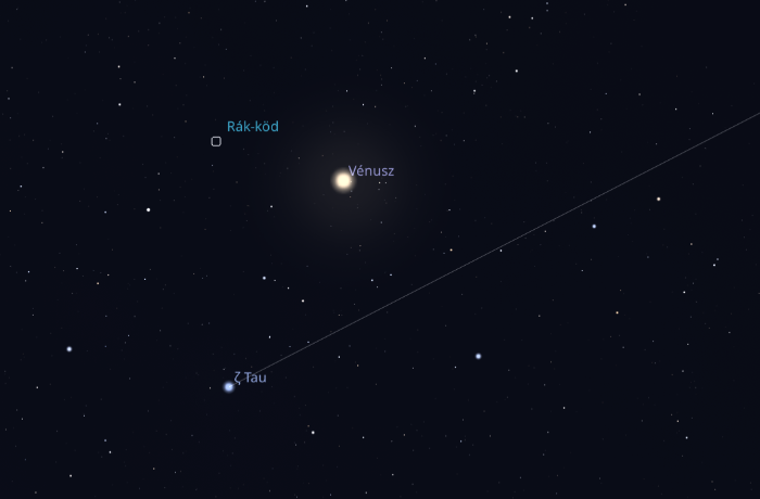 Vénuszos együttállás asztrofotós érdekességgel: háromszögben a Vénusz, a dzéta Tau és a Rák-köd