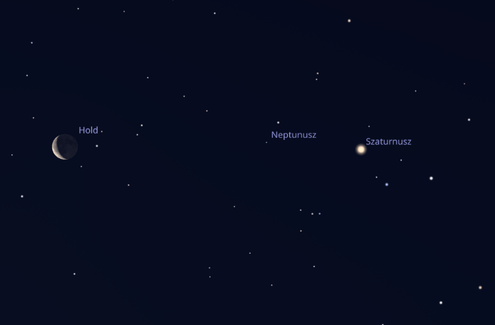 Hajnali bolygóles: egy vonalba kerül a Hold, a Neptunusz és a Szaturnusz, a Vénusz pedig bekukucskál a horizont felett