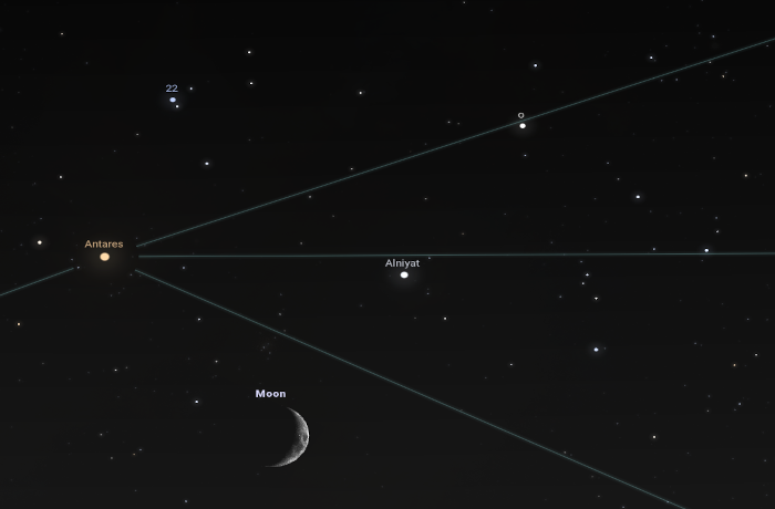 Heti horizont-közeli Hold-les: együtt áll a Hold a Vénusszal, majd az Antaressel 